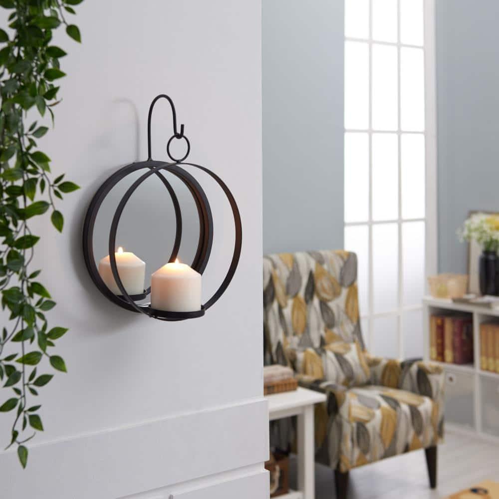 Danya B Round Wrought Iron Pillar Candle Wall Sconce with Mirror