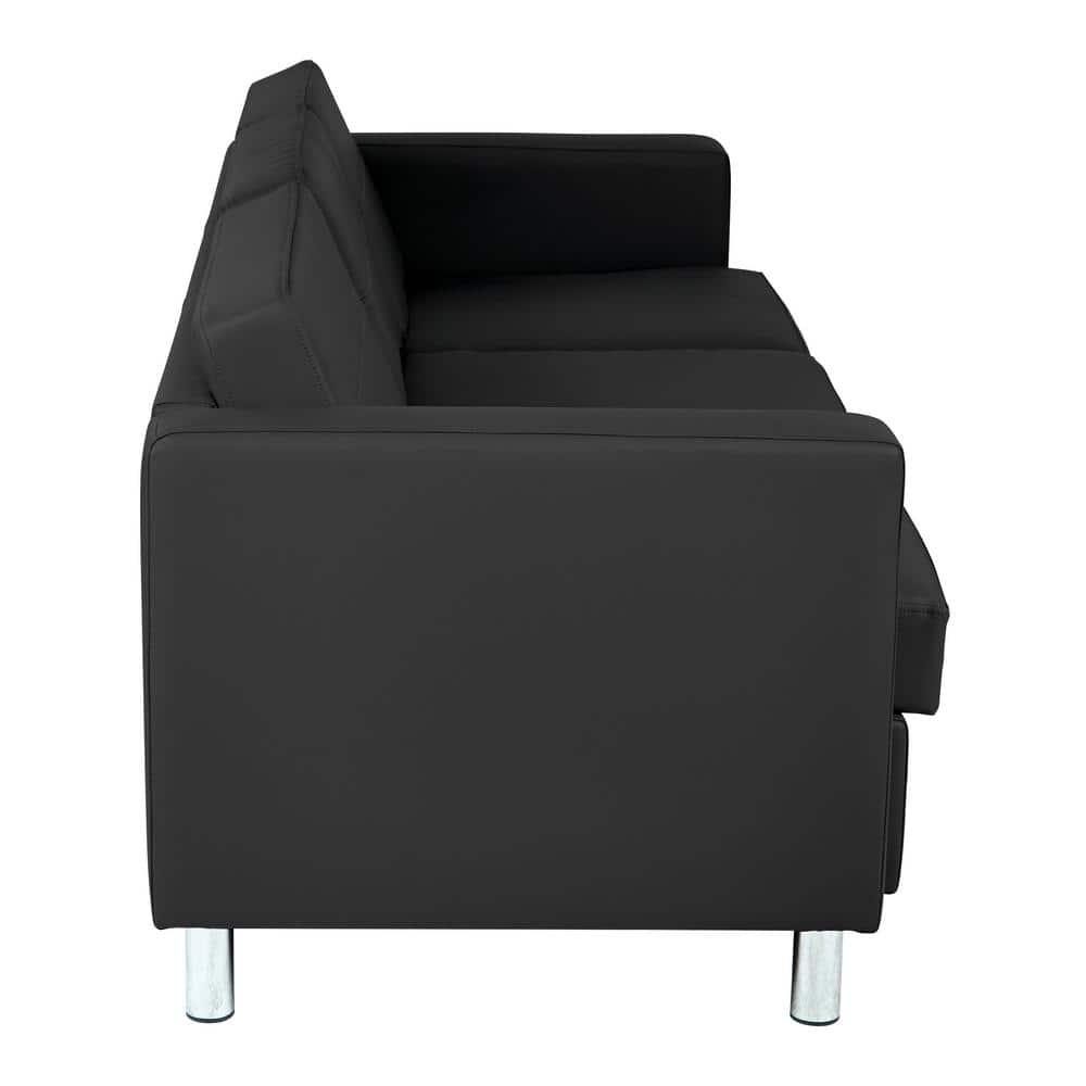 Modern Pacific Black Faux Leather Sofa with Silver Finish Legs