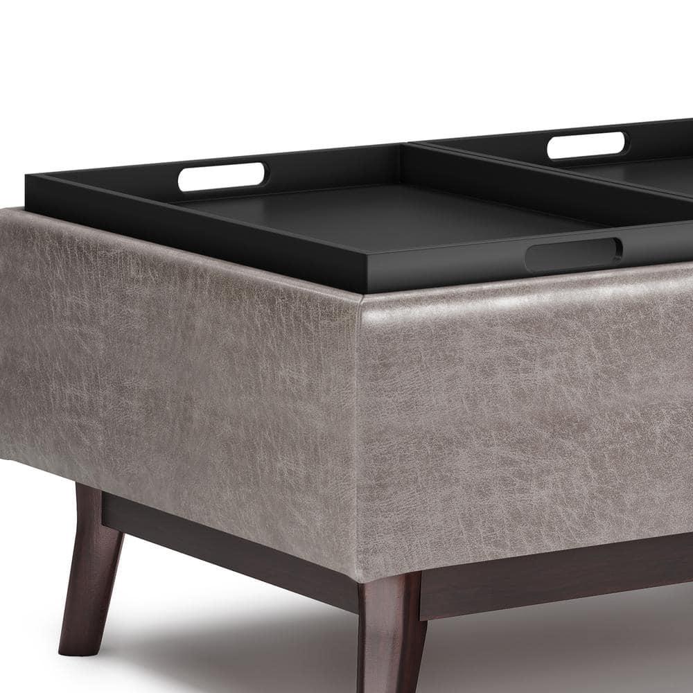 Simpli Home Owen 34"W Small Upholstered Coffee Table Storage Ottoman with Flip-Over Tray Top and Solid Wood Legs