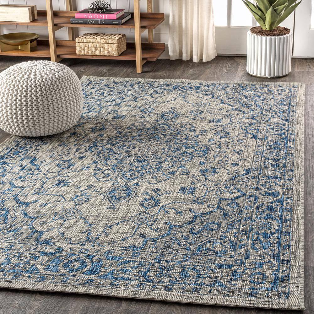 3'x5' Rozetta Boho Medallion Textured Weave Indoor/Outdoor Area Rug, Gray/Navy - JONATHAN Y