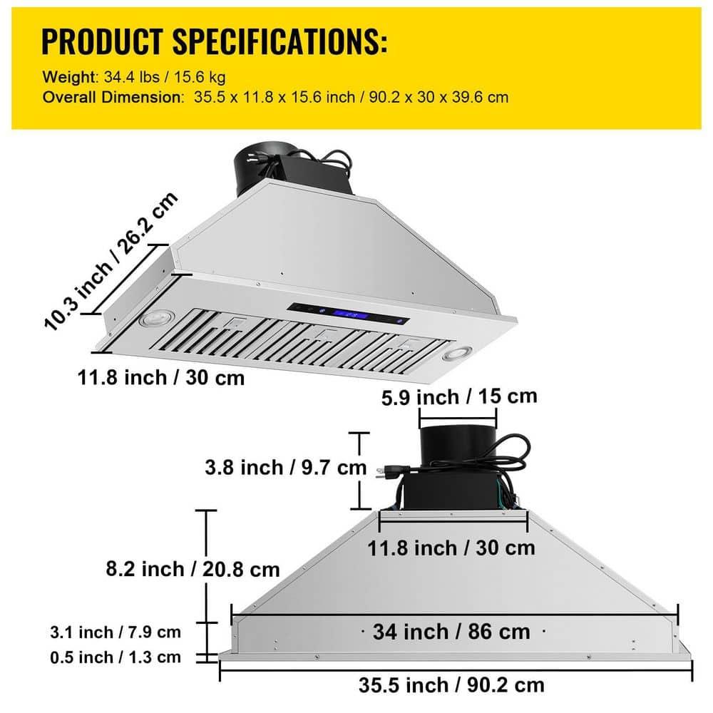 VEVOR 36" 900 CFM 4 Speed Ducted Insert Range Hood with Charcoal Filter and Light