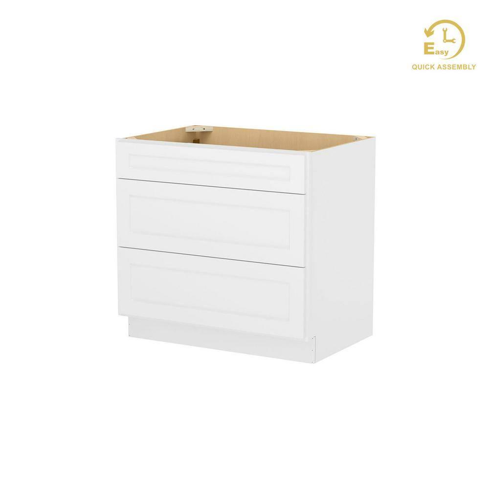 HOMLUX Easy-DIY 36 in W x 24 in D x 34.5 in H in Shaker White Ready to Assemble Drawer Base Kitchen Cabinet With 3-Drawers