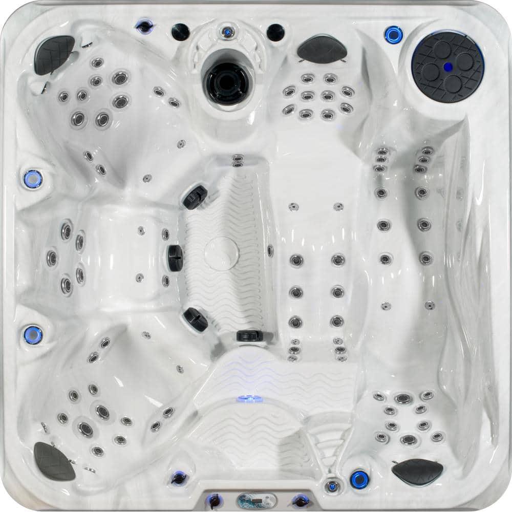 Amplified 6-Person 100-Jet Double-Lounger Hot Tub Spa with Bluetooth Stereo, 3 Pumps, LED Lighting, Stainless Steel Heater and Ozonator, Insulated Cover and Steps Included