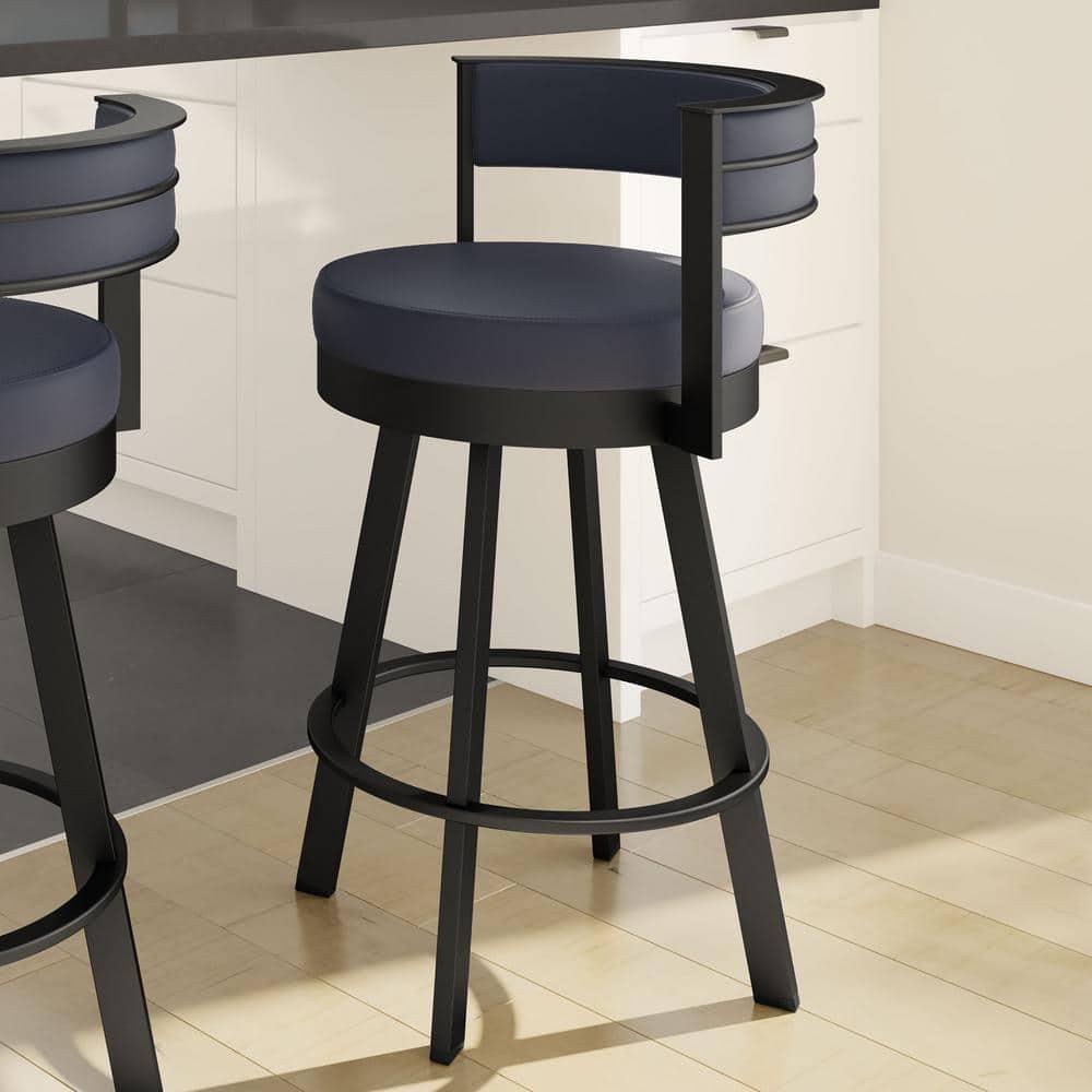 Amisco Browser Upholstered Barstool Navy/Black: Faux Leather, Oval Shape, Steel Frame, 300 lbs Capacity