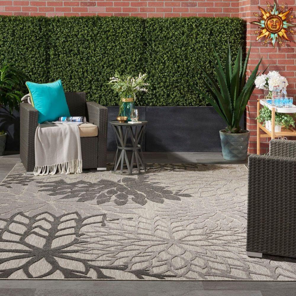 Nourison Aloha Floral Bloom Flatweave High-Low Indoor Outdoor Area Rug Silver Grey 7' x 10'