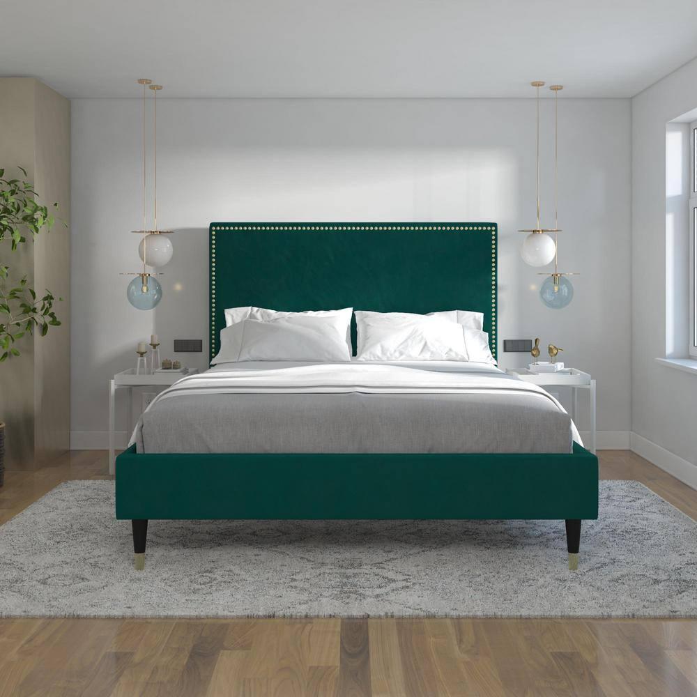 CosmoLiving by Cosmopolitan Queen Audrey Velvet Upholstered Bed Emerald Green: Luxury Glam Style, No Box Spring Needed