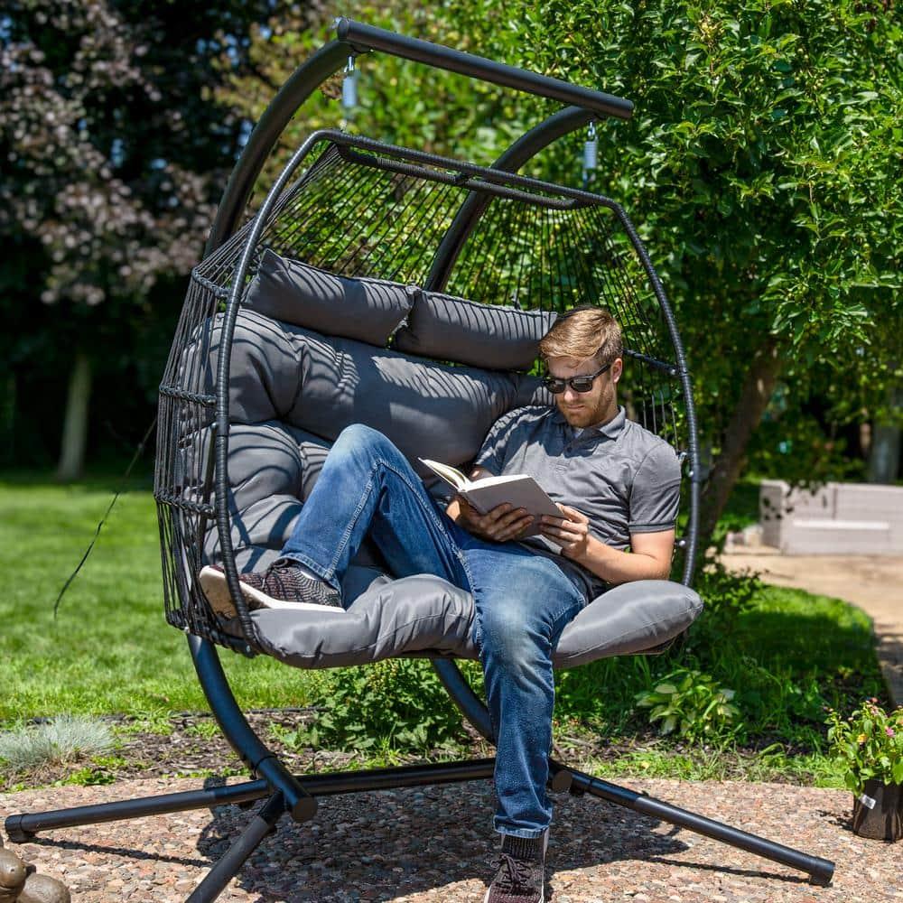 Sunnydaze Outdoor Andrei Hanging Double Egg Chair with Cushion and Headrests - Dark Gray