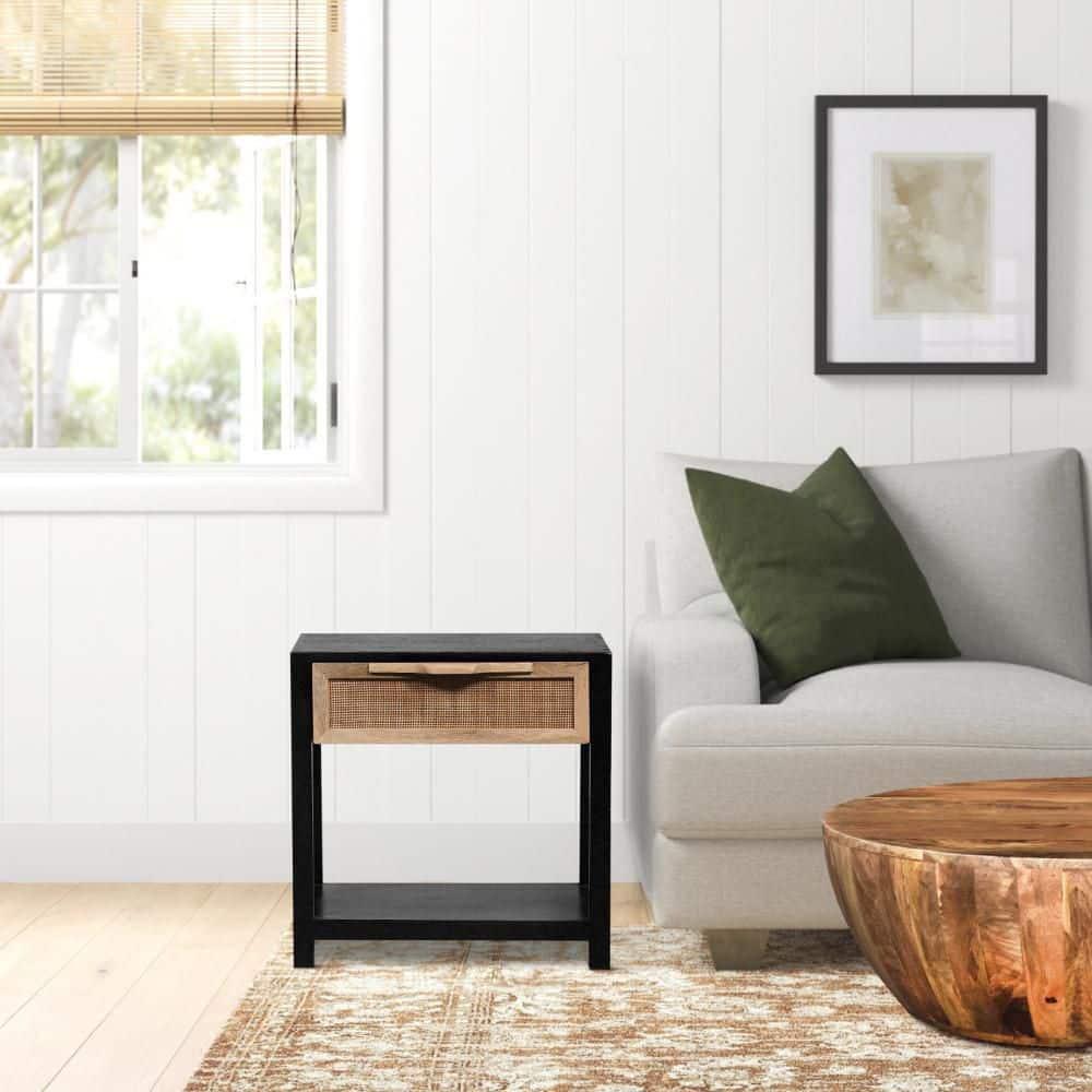 Benzara 22" Side Table with Rattan Front Drawer and Open Shelf Mango Wood Frame Black/Brown