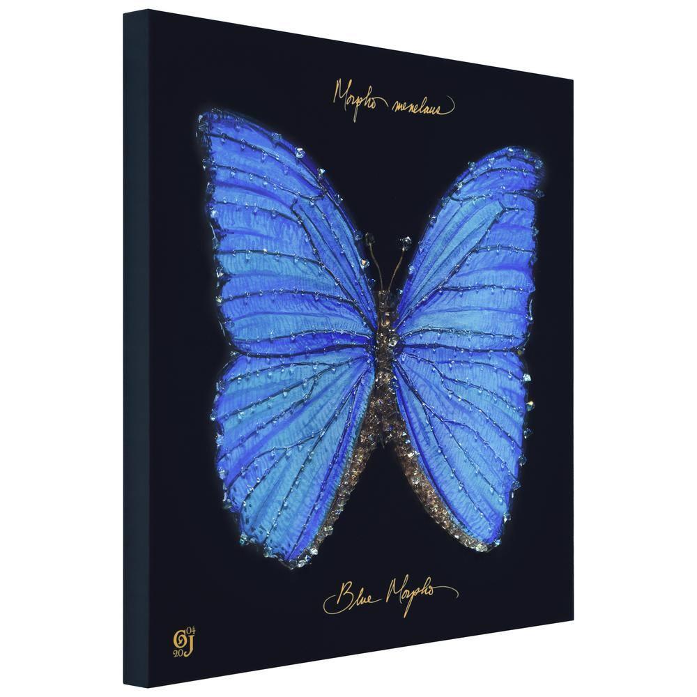 "Blue Monarch Elegance" Crystallus Epoxy Coated Wrapped Glossy Butterfly Canvas Wall Art with Heavy Acrylic Crystal Shards Embellishments