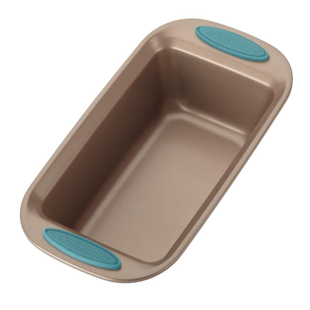 Rachael Ray 47578 Cucina Nonstick Bakeware Set with Grips Includes Nonstick Bread Pan, Baking Sheet, Cookie Sheet, Baking Pans, Cake Pan and Muffin Pan - 10 Piece, Latte Brown with Agave Blue Grips