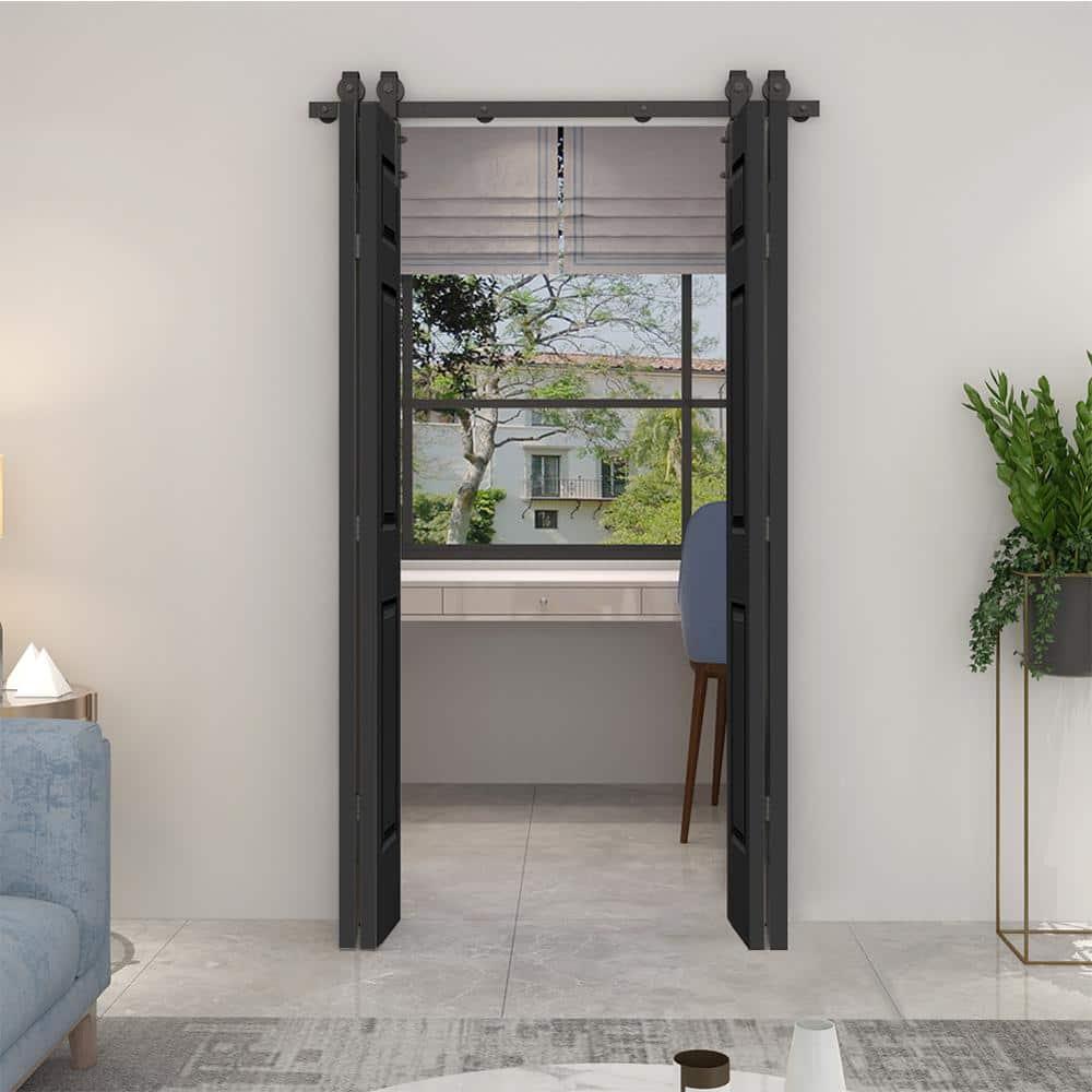 48-inch x 80-inch Black MDF Double Bi-Fold Barn Door with Sliding Hardware