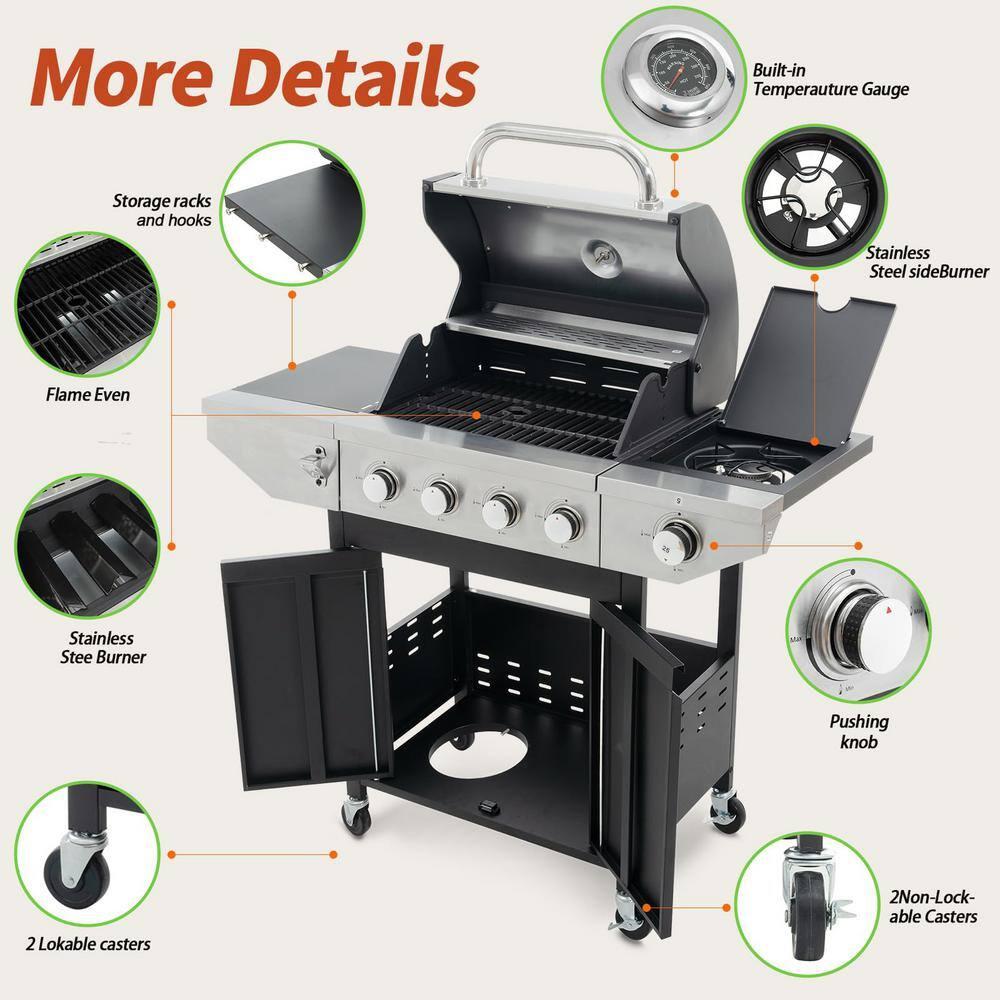 4-Burners Propane Gas Grill with Side Burner & Thermometer, Stainless Steel Propane Grill for Outdoor BBQ and Camping, Patio Backyard Barbecue, 42000 BTU Output