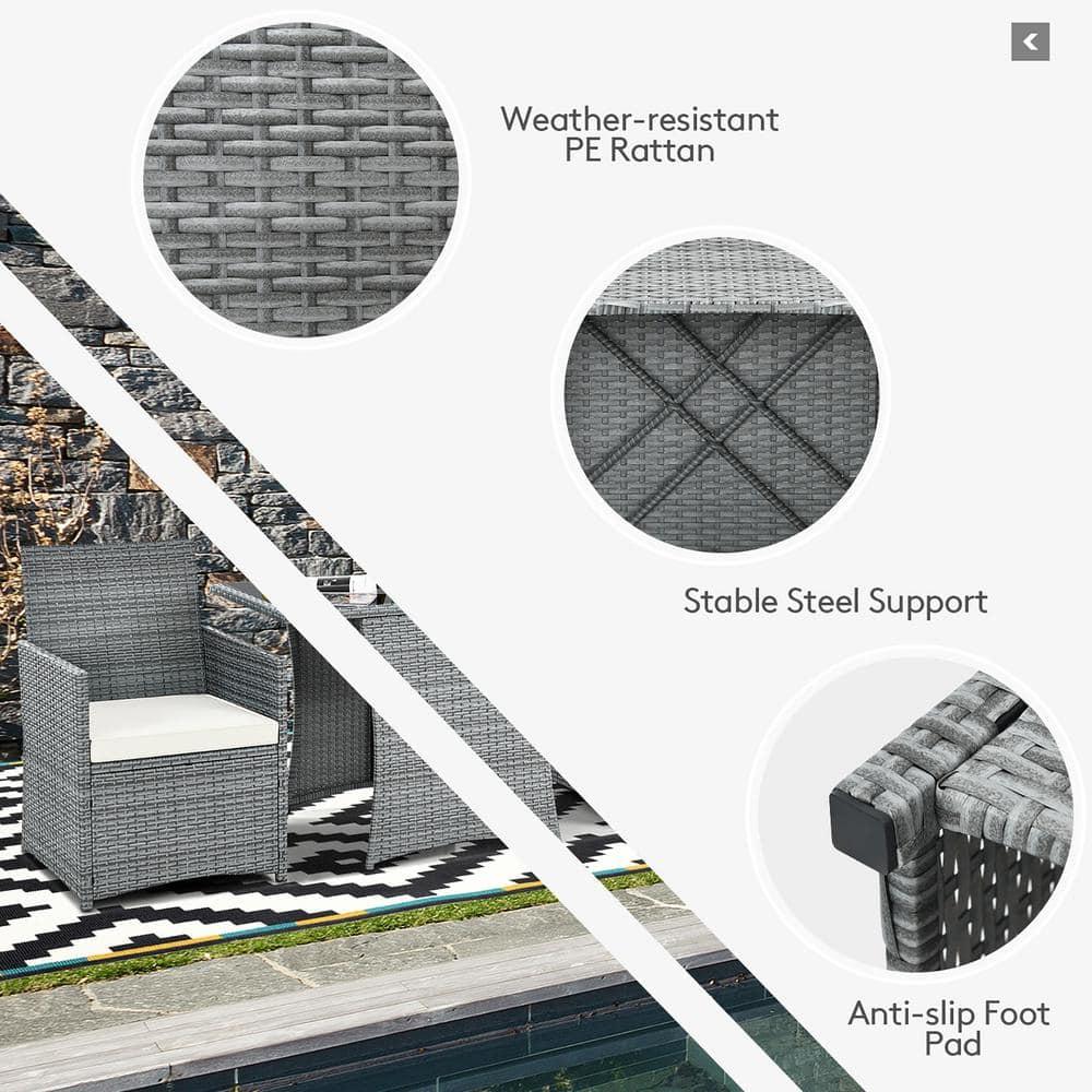 Canddidliike 3 Pieces Patio PE Rattan Furniture Set with 2 Ergonomic Chairs , Space-Saving Outdoor Conversation Set with Cushioned Armrest Sofa, Patio Bistro Set for Outdoor, White