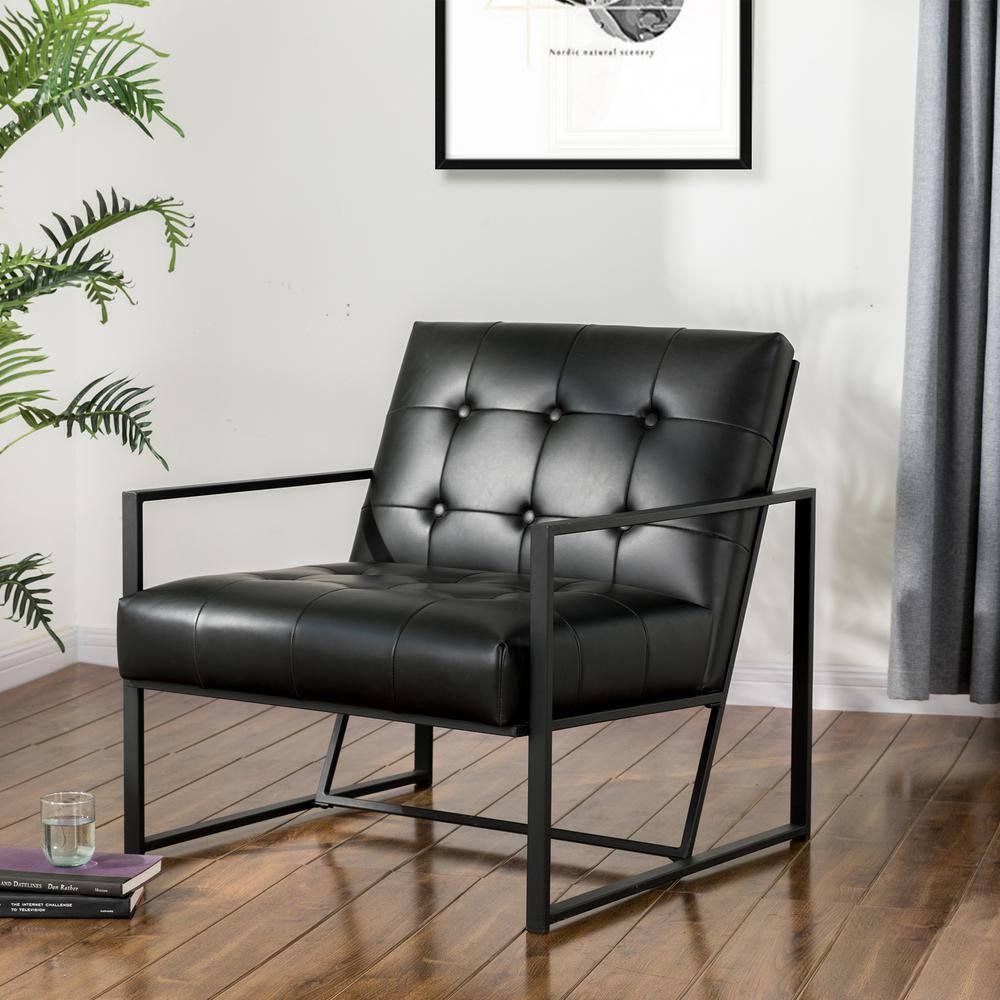 Glitzhome 31.50"H Accent Arm Chair PU Leather Button-tufted Ergonomic Chair with Black Metal Frame for Living Room Bedroom
