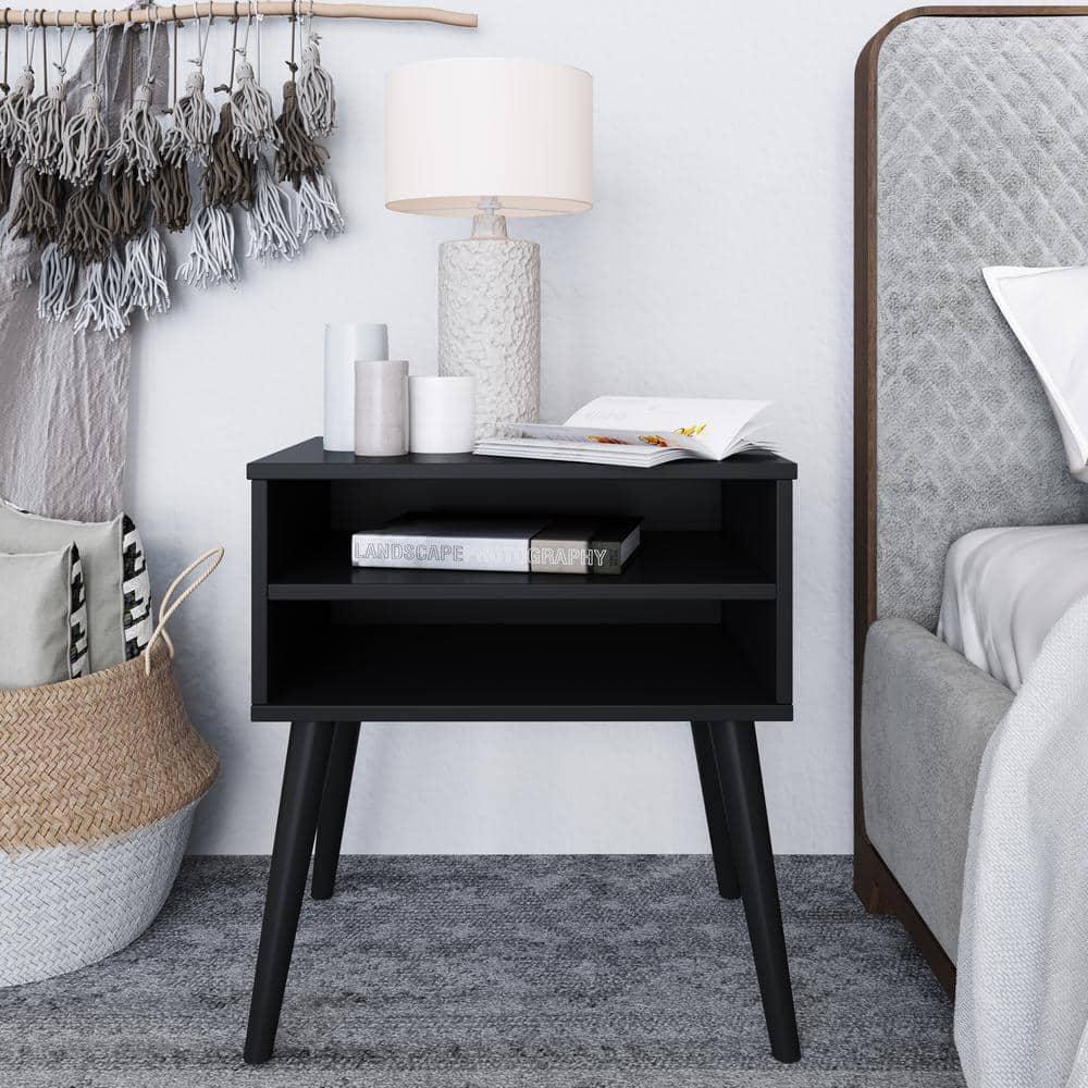 Black Mid-Century Modern Wood Nightstand with Laminate Top