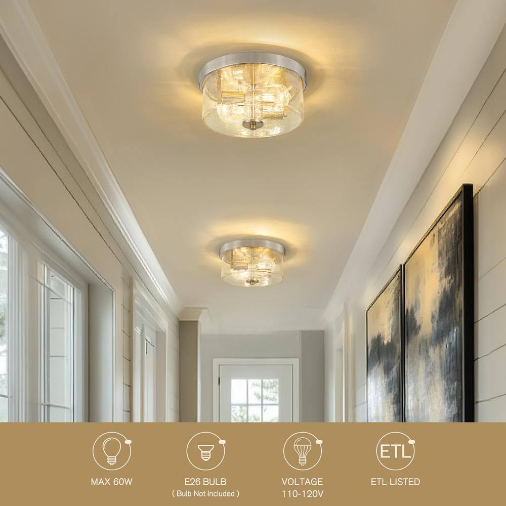 Emak 2-Light Brushed Nickel Ceiling Light Fixture, 11 Inch Flush Mount Light Fixture with Seeded Glass Shade for Bedroom, Living Room, Kitchen, Hallway, Bathroom, FM082-BN