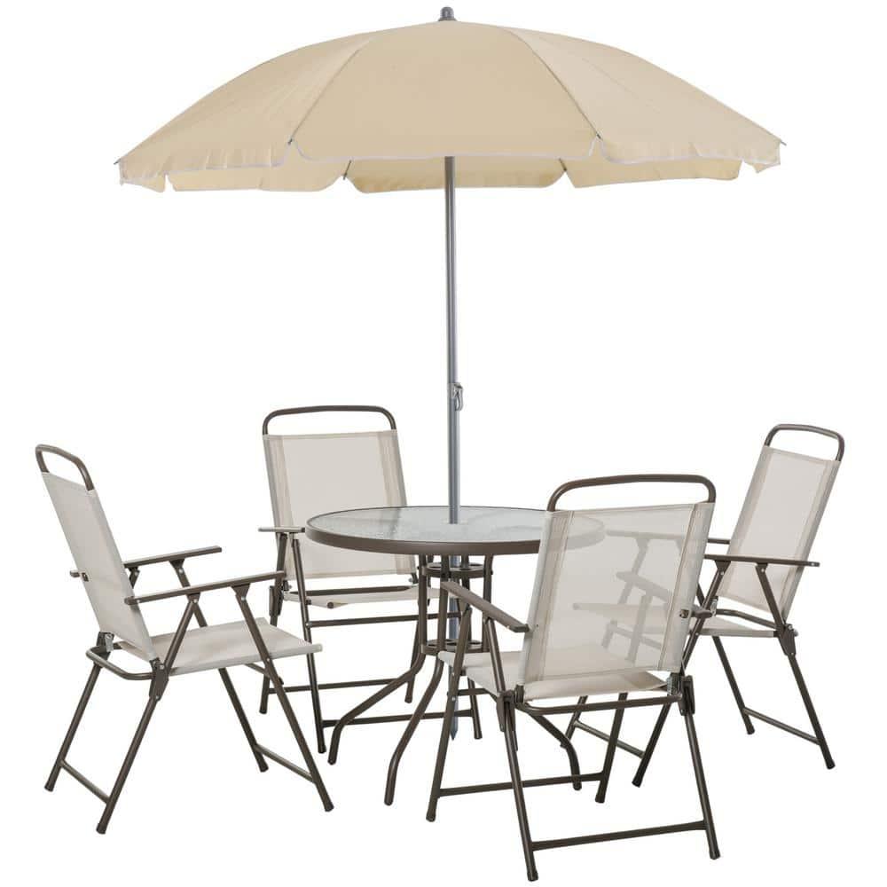 Outsunny 6 Piece Patio Dining Set for 4 with Umbrella, 4 Folding Dining Chairs & Round Glass Table for Garden, Backyard, and Poolside, Beige