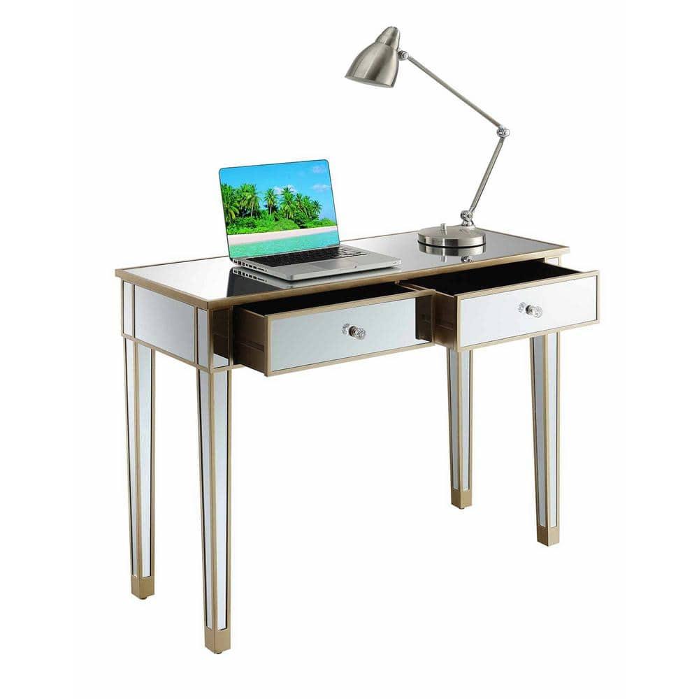 Convenience Concepts Gold Coast Mirrored 2 Drawer Desk, Console, Vanity, Champagne/Mirror