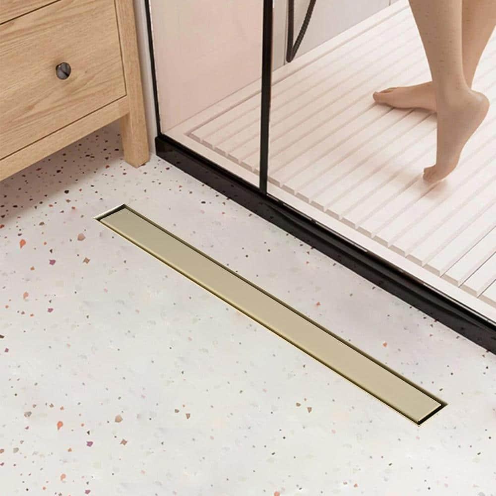 Linear Shower Floor Drain, Brushed Gold 30 Inch 304 Stainless Steel Bathroom Drains Kit, Rectangular Shower Trench Drain with Reversable Tile-in Pattern Drain Cover & Hair Catcher