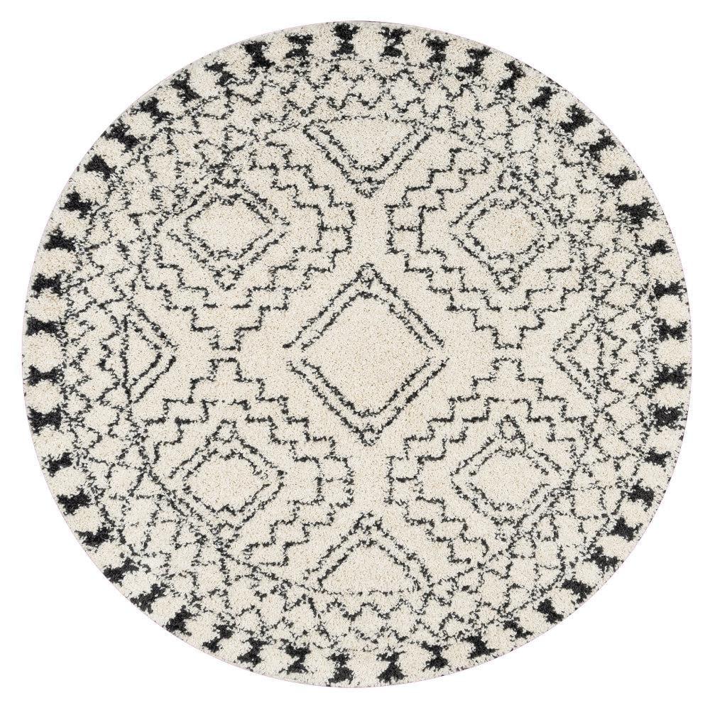 Nuloom Vasiliki Geometric 6 Round Shag Indoor Area Rug for Living Room Bedroom Dining Room Nursery, Off White/Charcoal