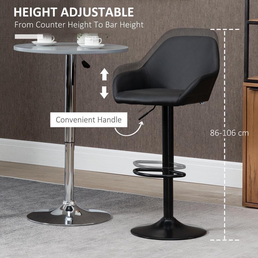 HOMCOM Adjustable Bar Stools Set of 2, Swivel Barstools with Footrest and Back, PU Leather and Steel Round Base, for Kitchen Counter, Black