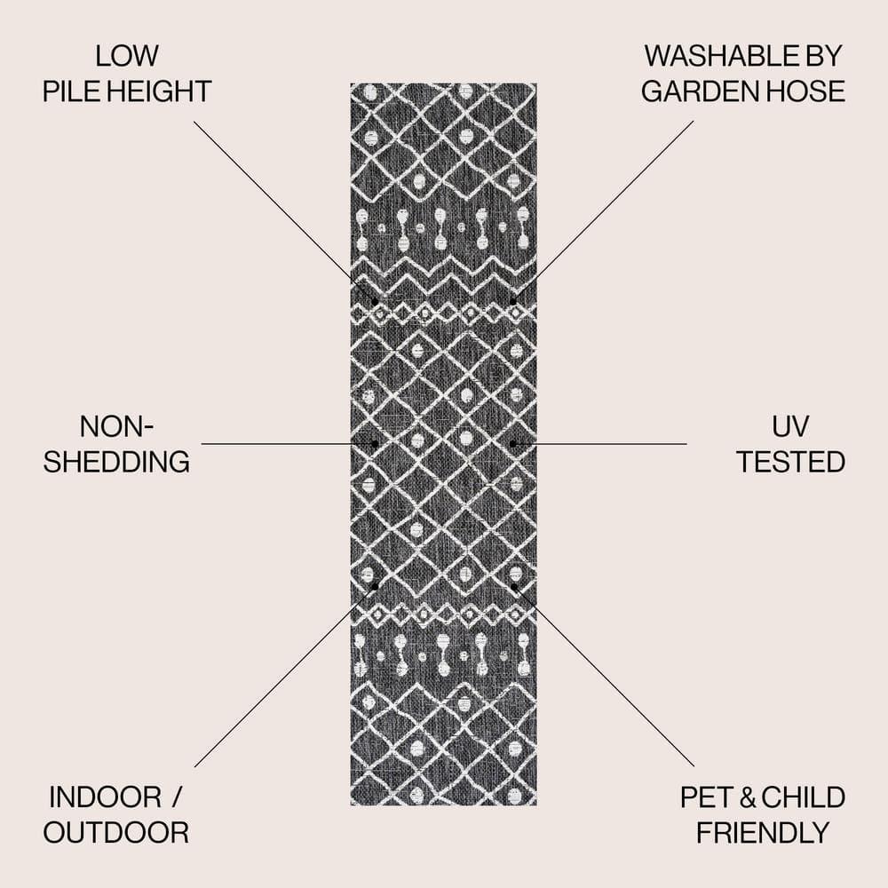 2'x10' Nokat Modern Bohemian Styled Indoor/Outdoor Runner Rug, Black/Ivory - JONATHAN Y