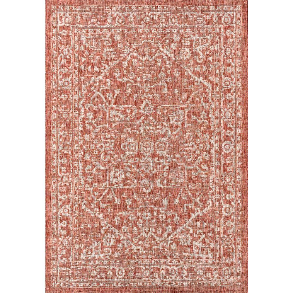 4'x6' Malta Bohemian Medallion Textured Weave Indoor/Outdoor Area Rug, Red/Taupe - JONATHAN Y