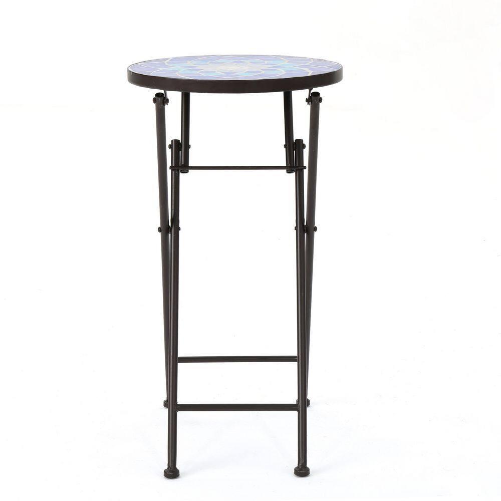 Fleur De Lis Living Folding Blue and White Top Side Table with Iron Frame, Multifunctional Plant or Beverage Stand