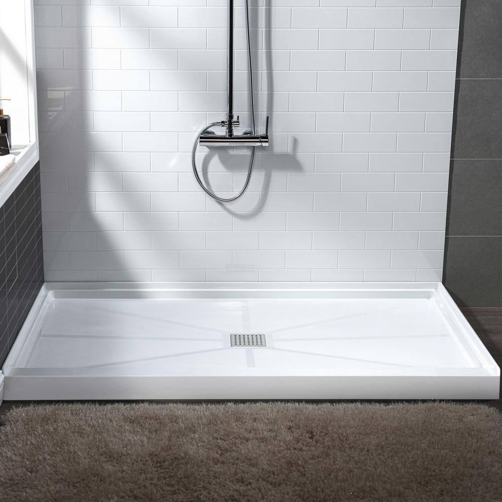 60" x 36" Solid Surface Single Threshold Shower Pan Base with Drain Assembly & Drain Cover Included, Non-Slip