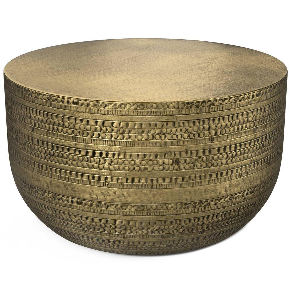 Simpli Home Johnsen 30"W Metal Boho Modern Round Coffee Table with Textured Detail, Assembled
