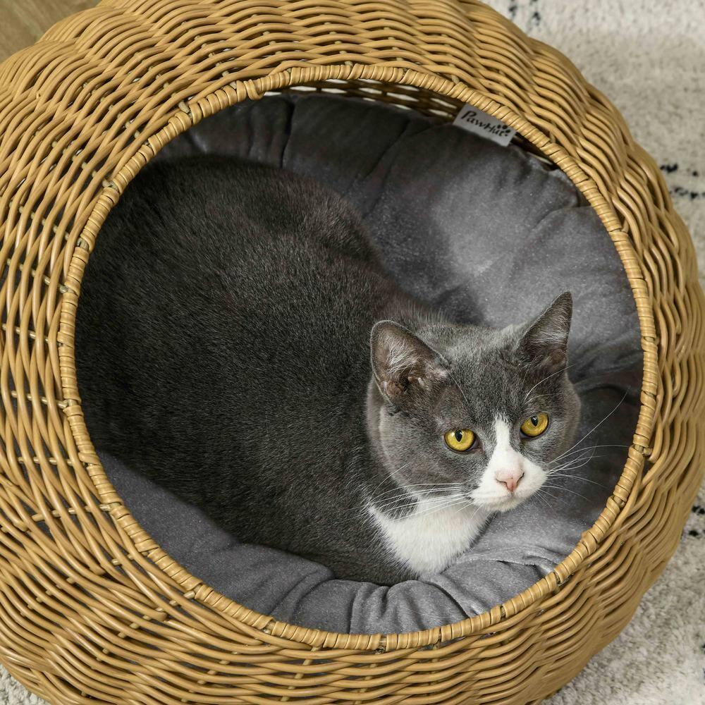 PawHut Rattan Cat Bed, Wicker Cat House Basket with Washable Cushion for Small Indoor Cats and Dogs, Light Brown