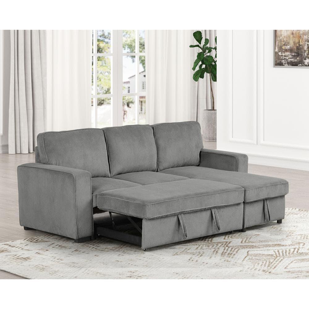 HOMES: Inside + Out Paeke Sleeper Sectional Sofa Corduroy with Storage Chaise and Reversible Dark Gray