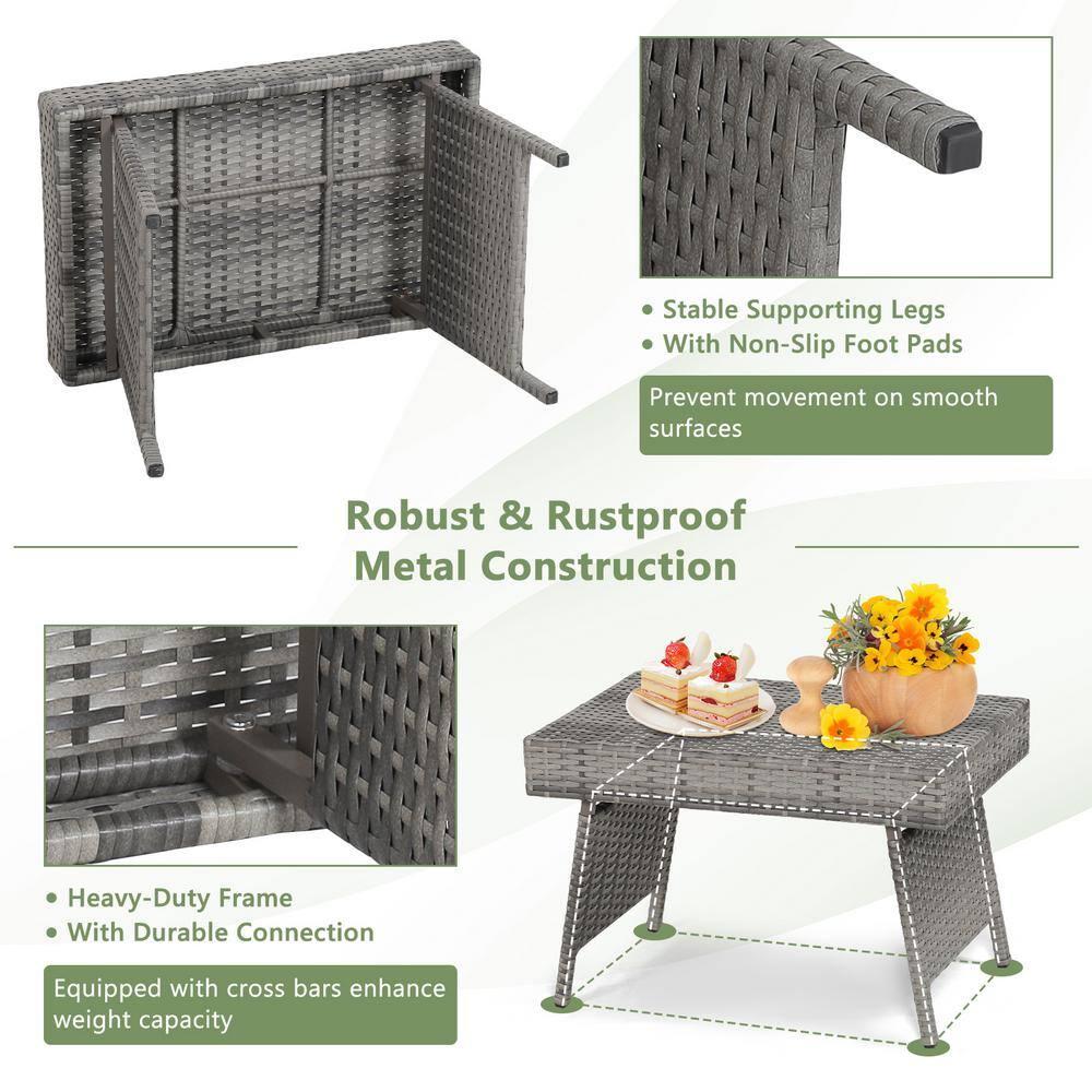 Topcobe Folding PE Rattan Side Coffee Table Patio Garden Furniture, Outdoor Deck Furniture, Gray