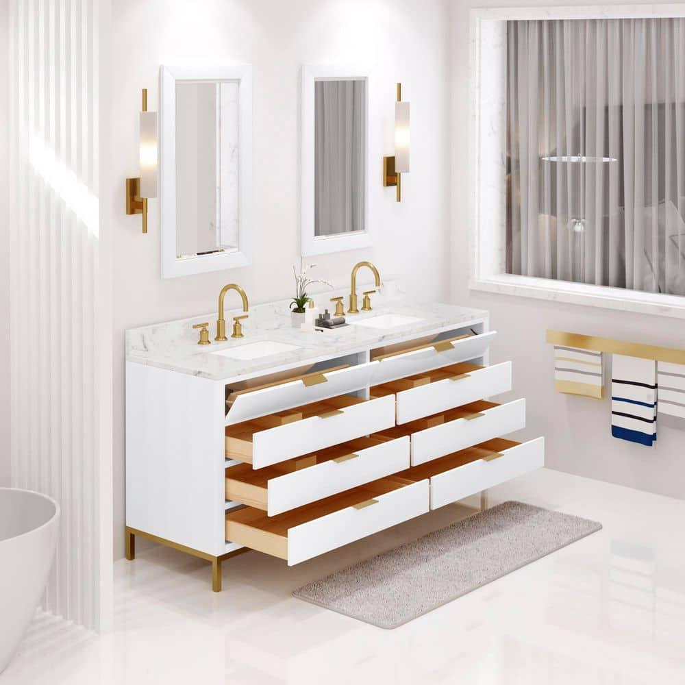 Pure White 72'' Double Sink Vanity with Carrara Marble Top