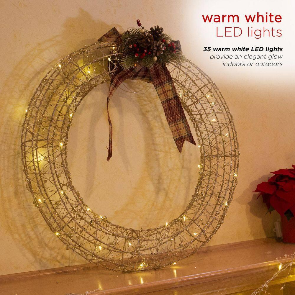 Hanging Christmas Wreath Decoration with Warm White LED Lights, Gold