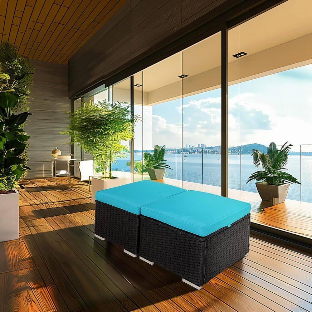 Costway 2PCS Patio Rattan Ottoman Cushioned Seat w/ Foot Rest Turquoise