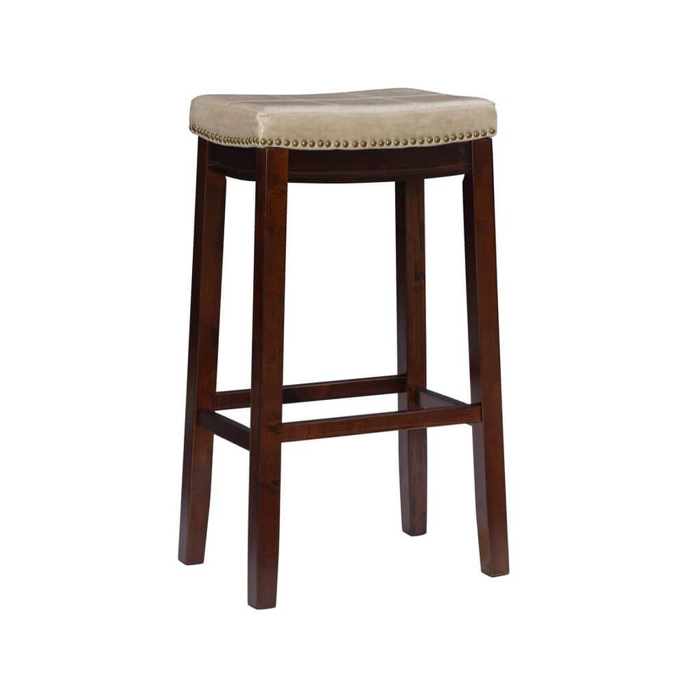 Linon Claridge Backless Faux Leather Nailhead Saddle Barstool Beige : Upholstered, Rubberwood Legs, Fixed Height