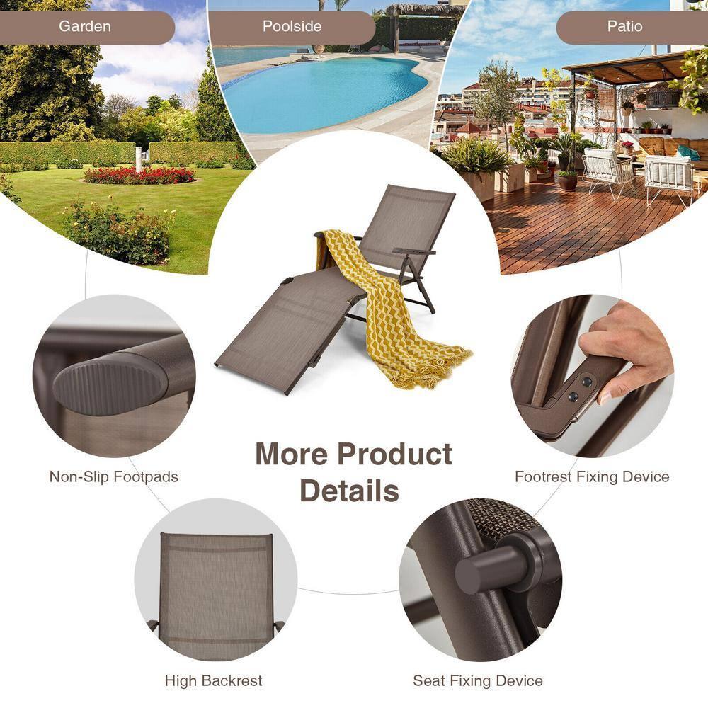 YOJFOTOOUQYUAN. 5 Stages Adjustable Patio Folding Lounge Chair Metal Outdoor Sling Fabric Recliner Chaise for Beach Yard Pool, 2 Pack,Brown
