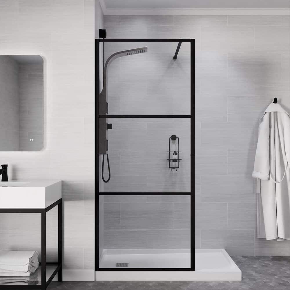 ANZZI Series 34 in. x 78 in. Fixed Frameless Shower Door in Matte Black with Tsunami Guard Tempered Clear Glass