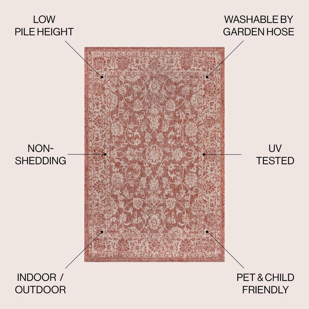 8'x10' Tela Bohemian Textured Weave Floral Indoor/Outdoor Area Rug, Red/Taupe - JONATHAN Y