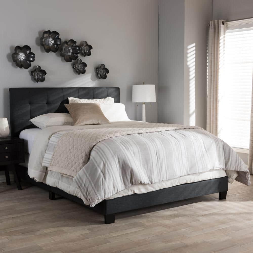 King Brookfield Modern and Contemporary Fabric Bed Charcoal Gray - Baxton Studio: Upholstered Headboard, Rubberwood