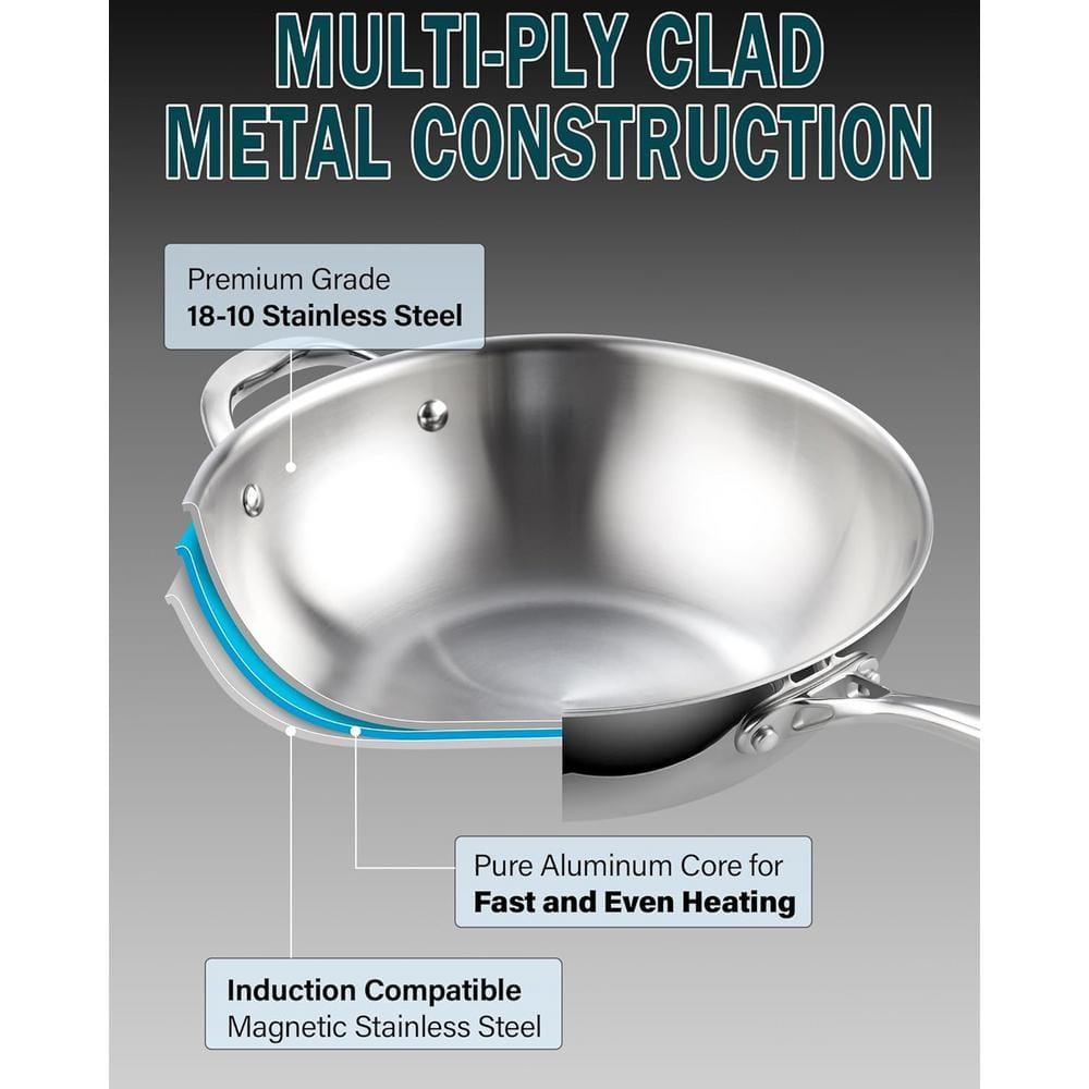 Cooks Standard Cooks Standard Multi-ply Clad Stainless Steel Wok Stir Fry Pan, 10.5 Inch Induction Wok With Lid, Flat Bottom Wok, Silve