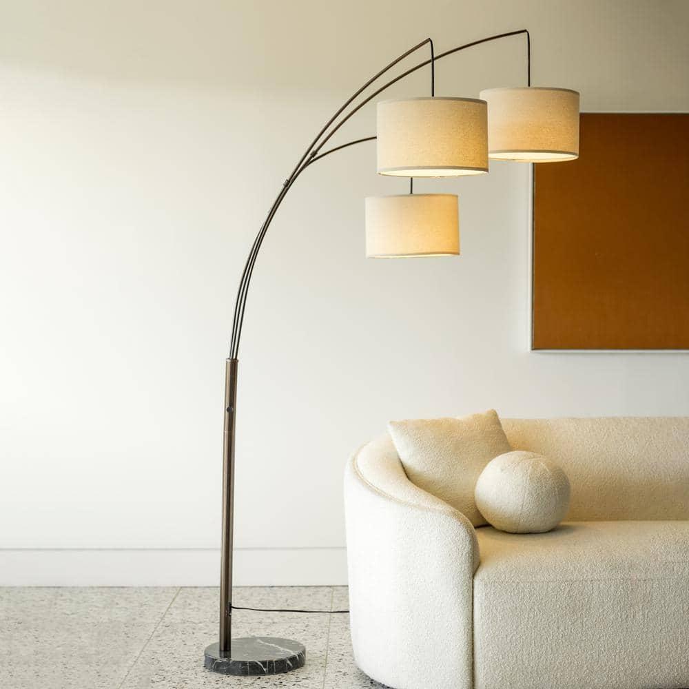 Brightech Trilage 84 in. Mid-Century Modern 3-Light Adjustable LED Arched Standing Floor Lamp with 3 Fabric Drum Shades