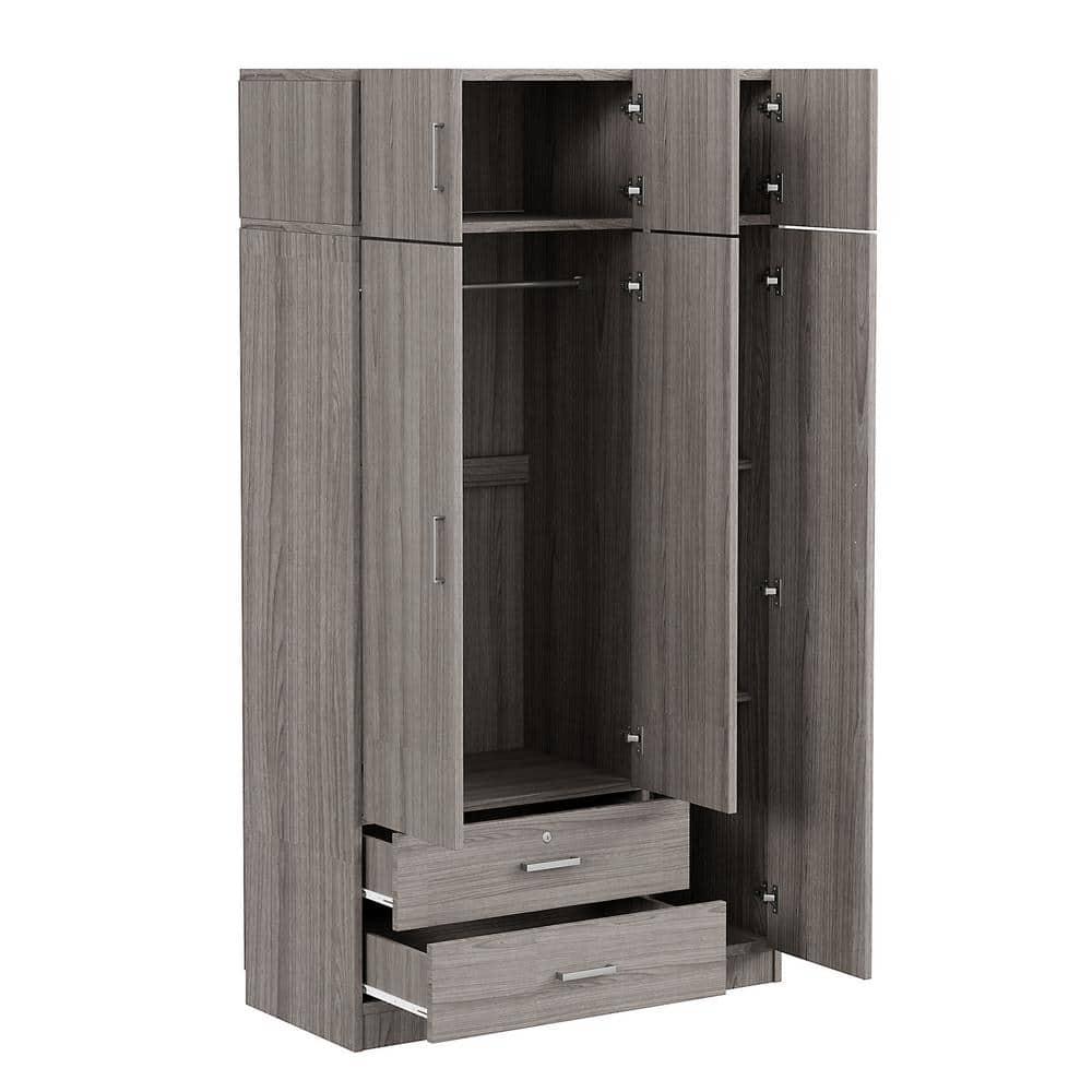Gray 41.3 in. 3-Door Wooden Wardrobe Armoire with Mirror, 2-Drawers, Shelves, a Hanging Rod, Top Cabinet