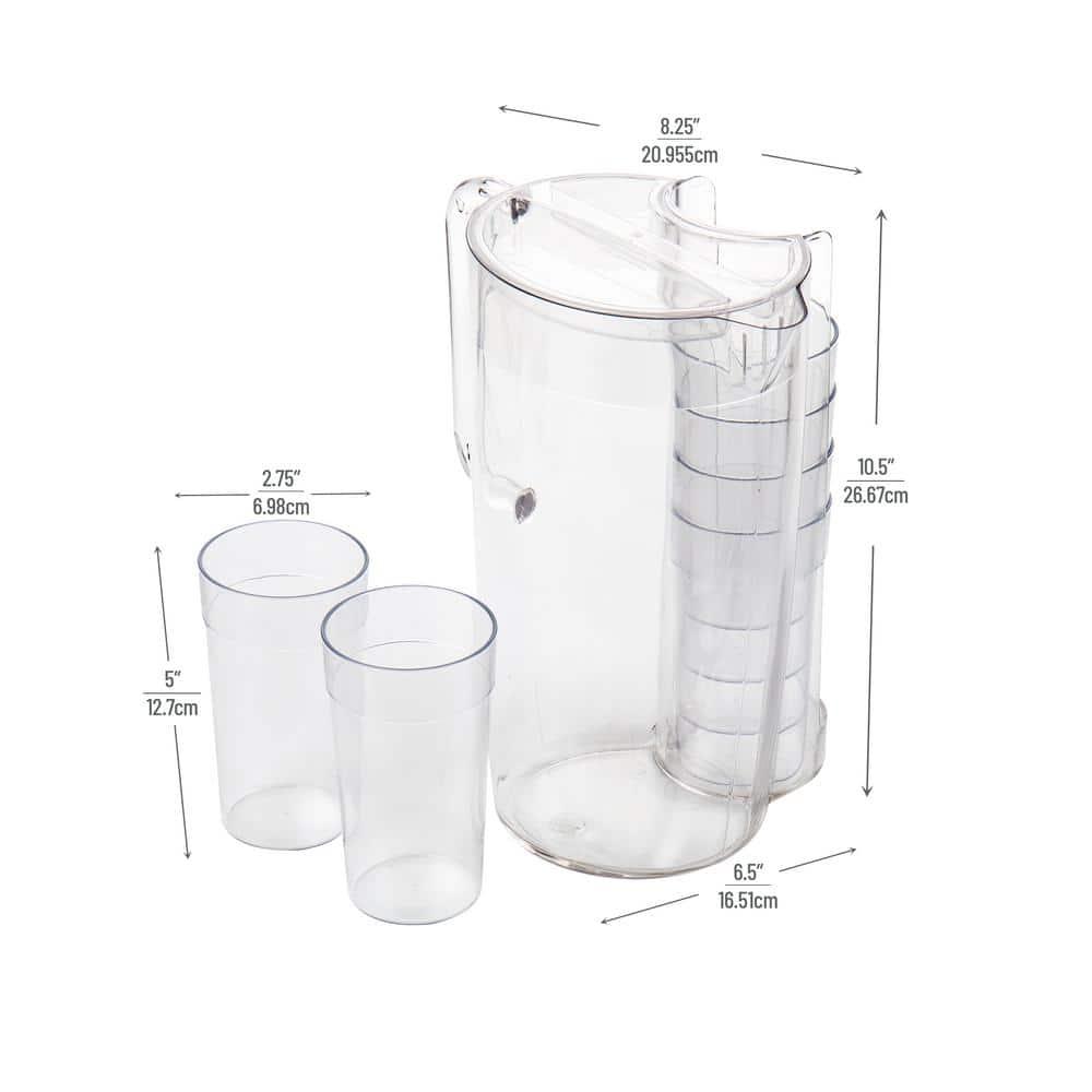 Mind Reader Pitcher and Cup Set, 8 Cups, Drink Pitcher with Lid, Glass Storage, Serving Set, 6.5"L x 6.5"W x 10.5"H, Clear
