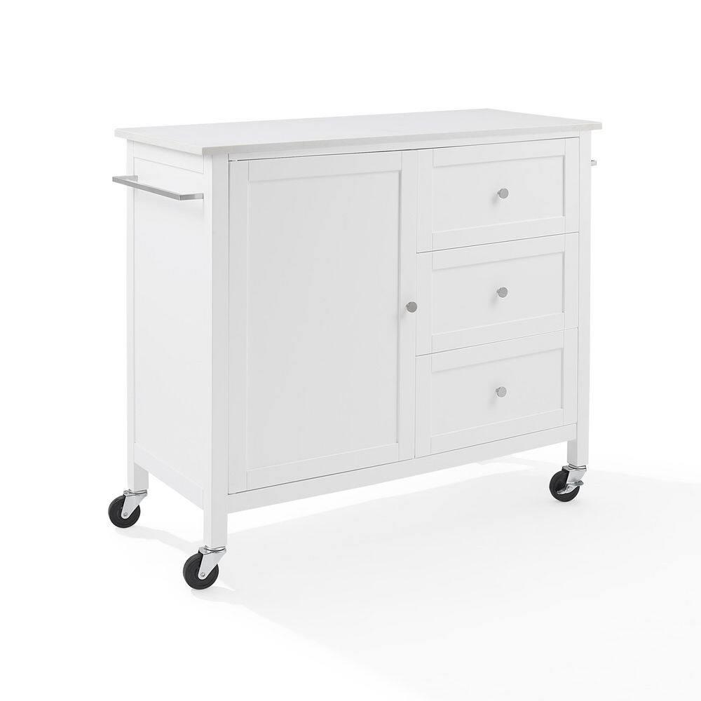 Crosley Soren Stone Top Kitchen Island/Cart White: Rolling Cart with Storage, 2 Shelves, 3 Drawers, Traditional Style