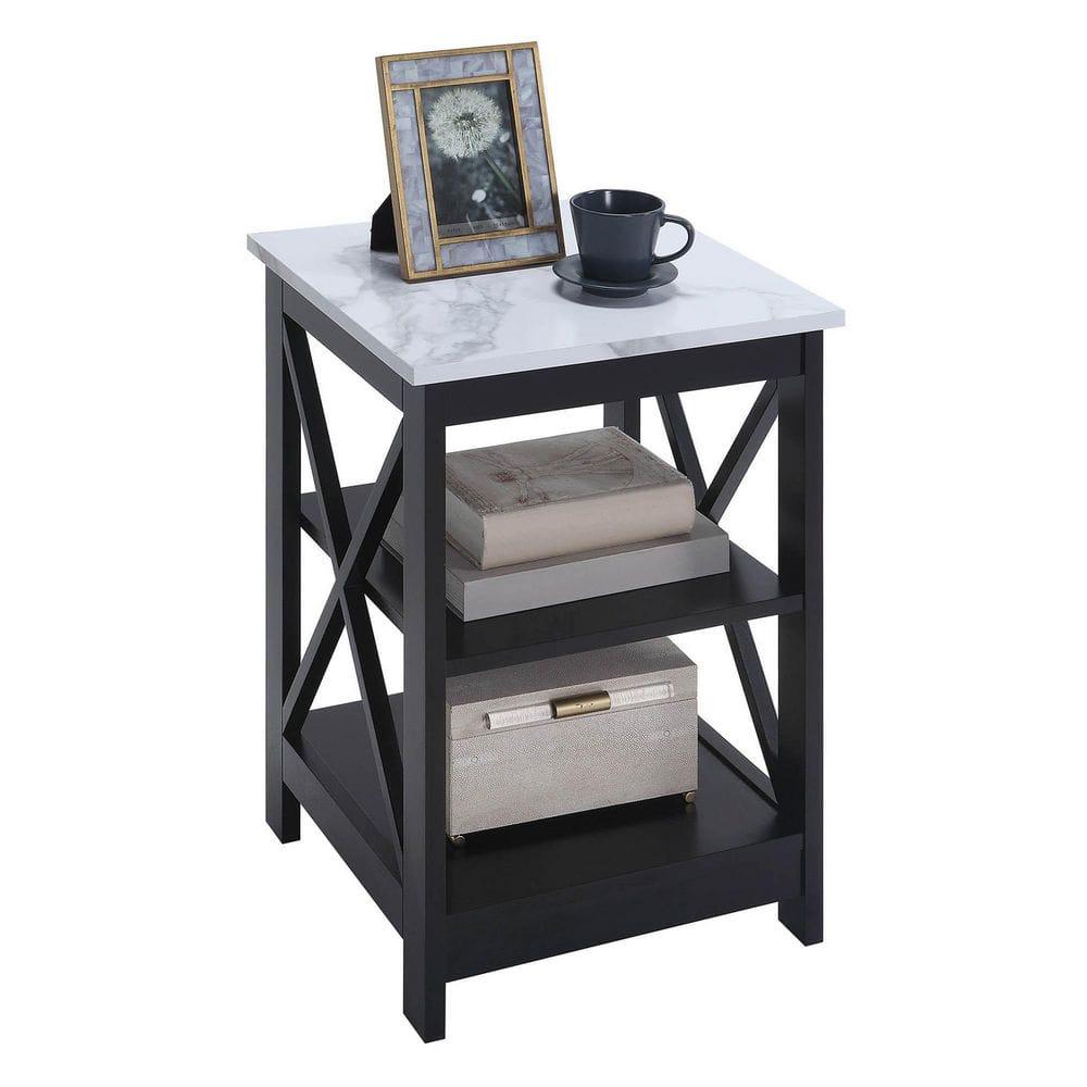Convenience Concepts Oxford End Table with Shelves, White Faux Marble/Black