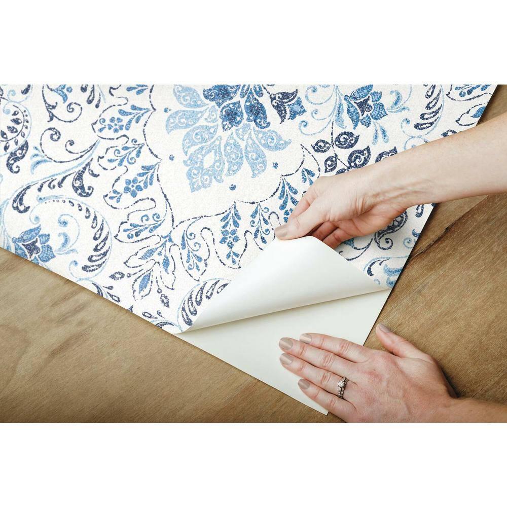 Blue and White Vinyl Damask Peel and Stick Wallpaper