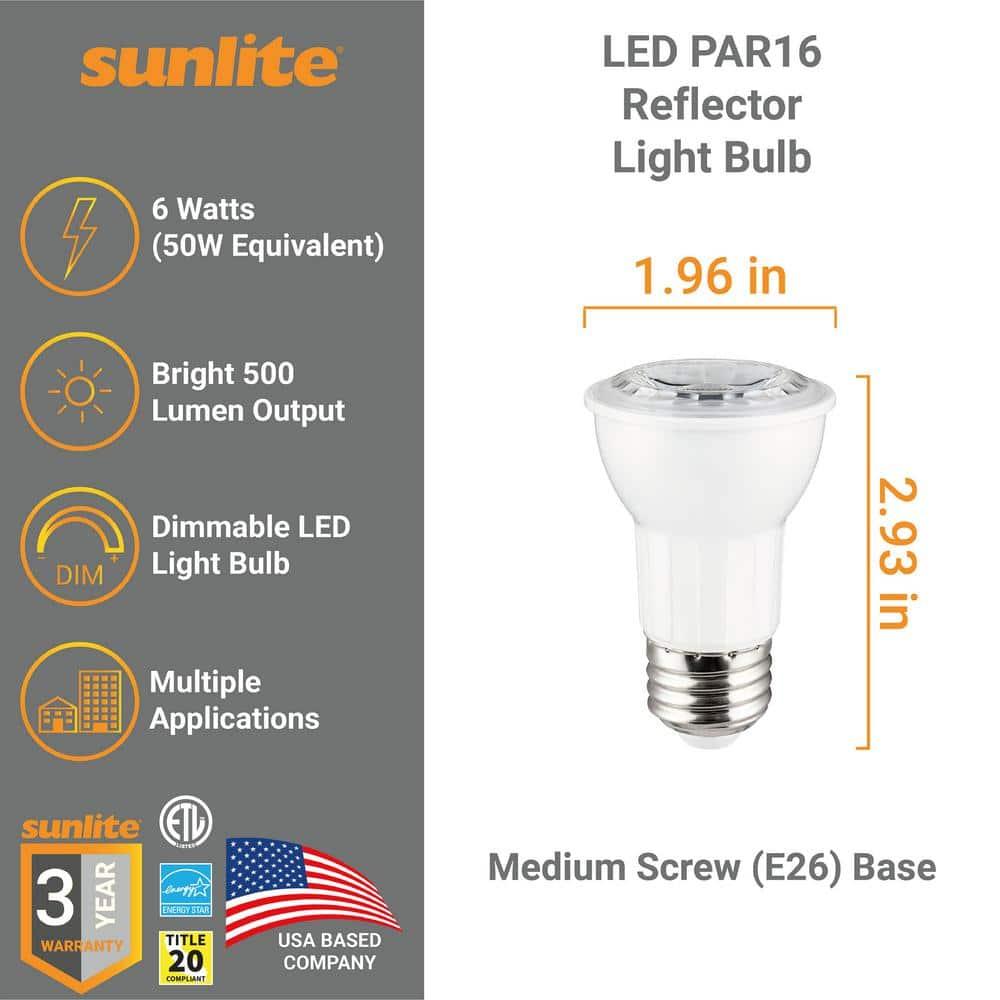 Sunlite LED PAR16 Reflector Light Bulb, 6 Watts (50W Equivalent), Medium E26 Base, Dimmable,ETL Listed, 5000K Daylight, 6-Pack