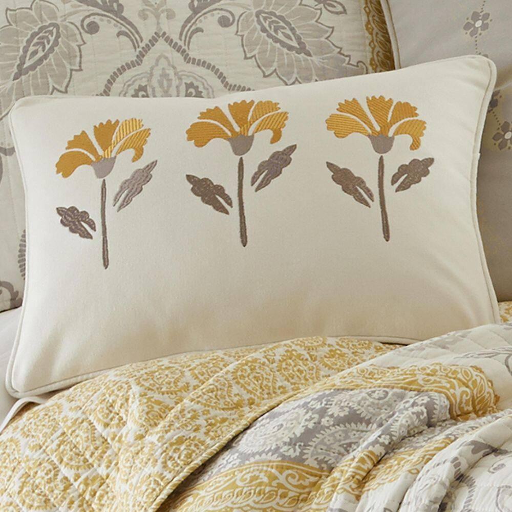 St. Claire - Embroidered Flower Decorative Pillow -  Gold, Grey, White - Levtex Home